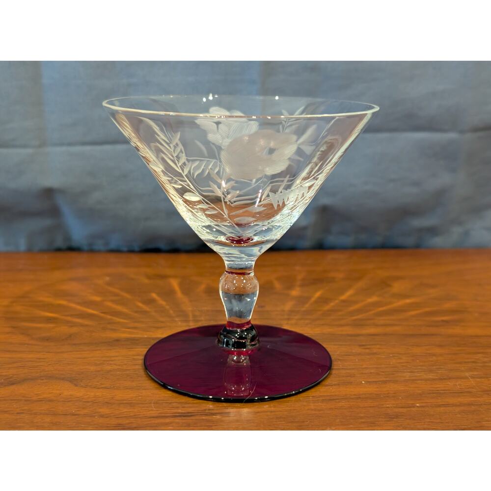 Vintage Weston Floral Etched Champagne Sherbet Glass Ruby Red Base 1930s